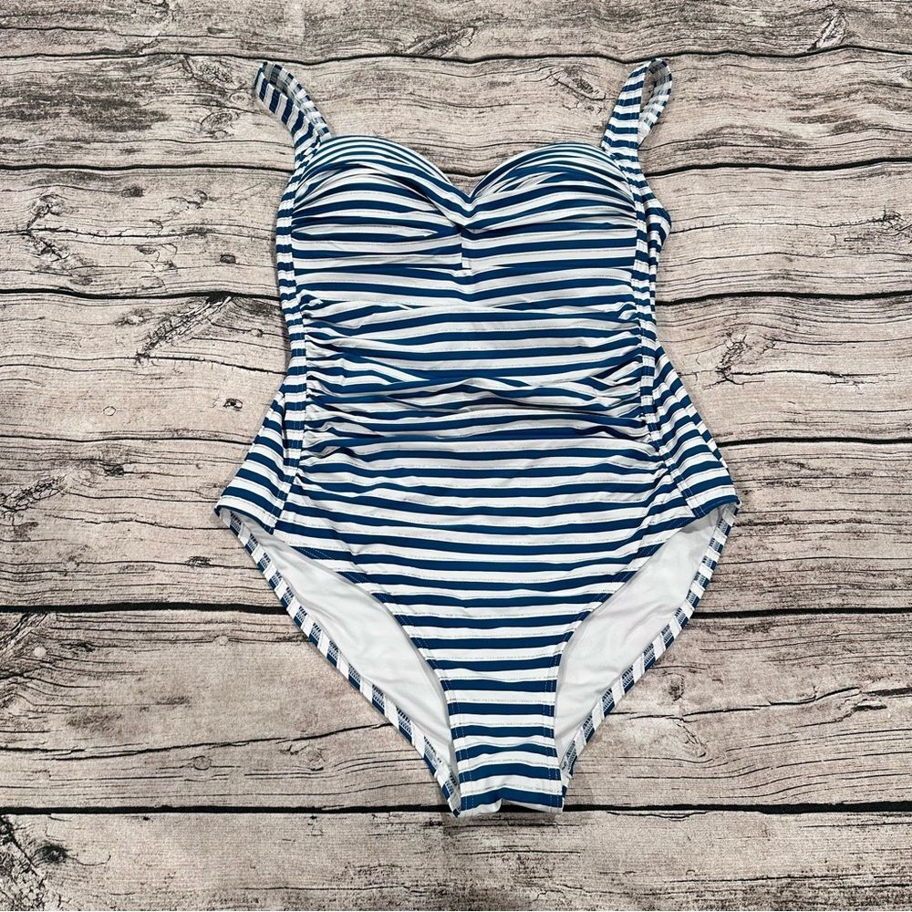 Niptuck Teal and White Striped Swimwear With Molded Cups Size 8